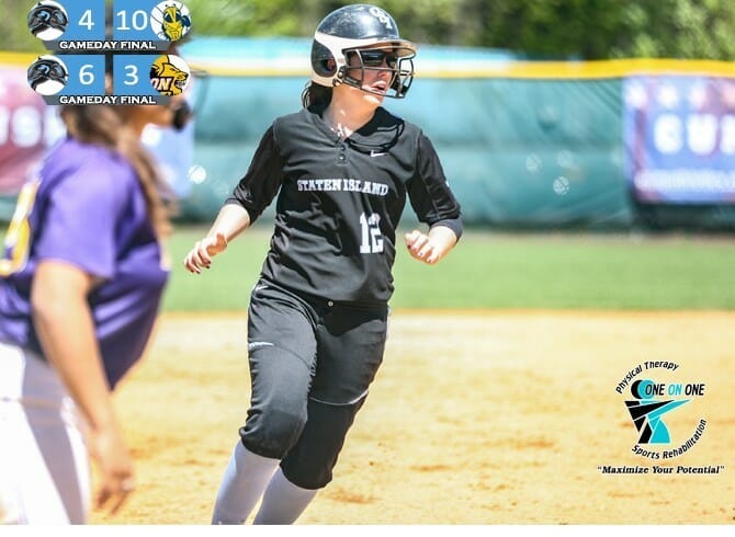 DOLPHINS SPLIT SOFTBALL ACTION AGAINST ROCHESTER AND EMERSON, 4-10, 6-3