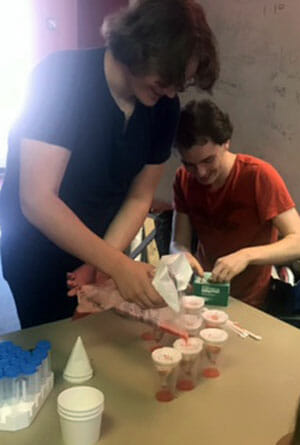 Students preparing samples of the DNA of strawberries for use in the summer cancer workshop implemented by Prof. Nancy Liu-Sullivan.