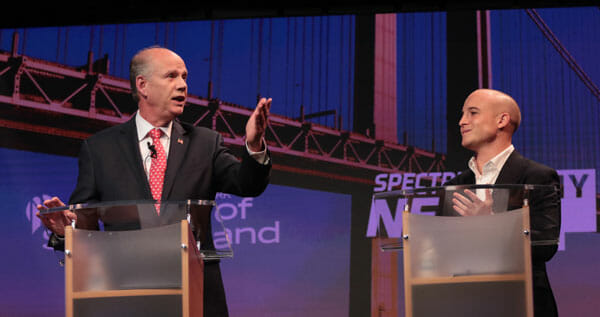 Dan Donovan, left, and Max Rose met for a debate at the College of Staten Island Oct. 16.